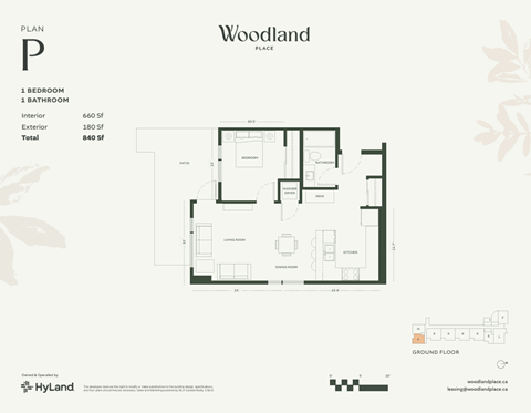Floor plan for 1 bed, 1 bath, 660 sqft